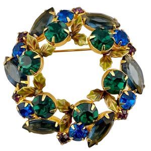 Gorgeous Vintage Blue Green Open Back Rhinestone Enamel Leaf Gold Tone Brooch